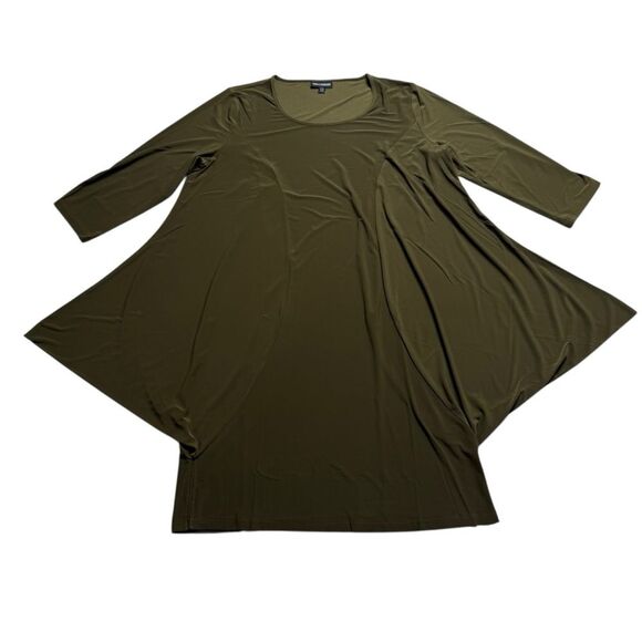 Nina Leonard Dark Olive Artsy Lagenlook Stretch Asymmetrical Hem Dress Sz 2XP - Picture 10 of 10